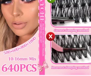 Macro view of DIY lash cluster set showing proper tweezer application and 640pcs mixed length