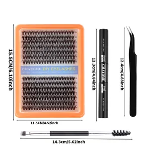 DIY cluster eyelash extension kit with glue, tweezers, and 280 clusters of 8-16mm lashes
