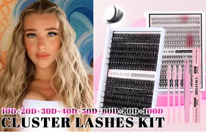 DIY cluster lashes kit with D-curl lashes, pink tweezers, glue, and mascara wands