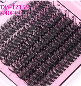 Macro shot of 640 clusters DIY eyelash extension set with lengths 11mm to 14mm