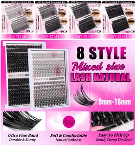 Detail of 280 clusters DIY eyelash extension kit with glue, tweezers and mixed lengths
