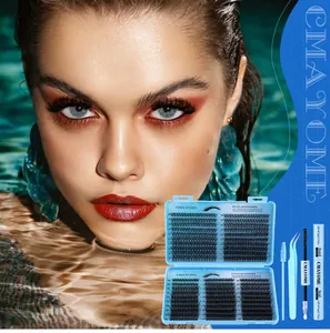 DIY eyelash extension kit with black individual lashes, blue tweezers, and bond seal glue