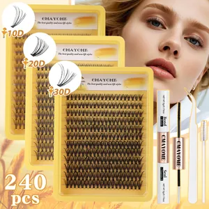 Macro detail of DIY lash extension kit with 10D 20D 30D clusters, bond seal, and tweezers