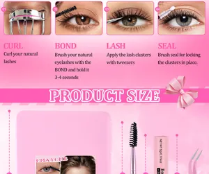 Detailed infographic of lash extension kit including bond, seal, tweezers, and curler