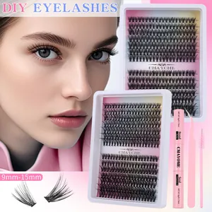 DIY cluster lash extension kit with 9-15mm lashes, bond and seal glue, and tweezers