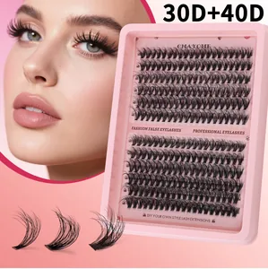 Macro detail of 30D and 40D cluster lashes set in pink box with model application view