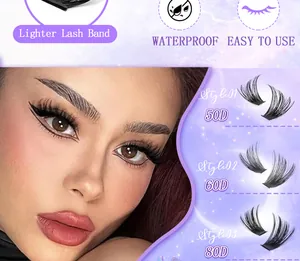 Comparison of 50D, 60D, and 80D individual cluster lash styles on a purple background