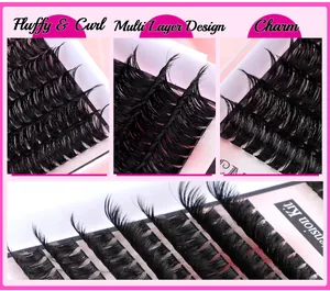 Macro detail of multi-layered fluffy false eyelashes with natural curl and fiber texture