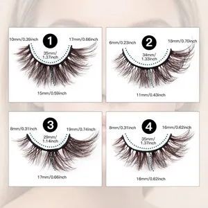 Size chart showing 10 pairs of 3D soft brown false eyelashes with precise measurements