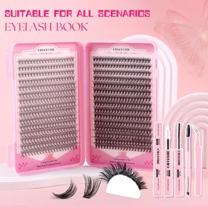 Macro view of DIY eyelash kit featuring D-curl clusters and bond and seal tools