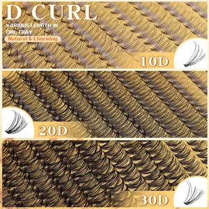 Macro view of D curl cluster lashes in 10D, 20D, and 30D density for natural eyelash extension