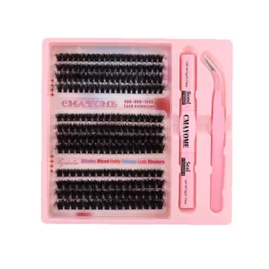 Pink lash extension kit with cluster lashes bond seal and tweezers for volume eye makeup