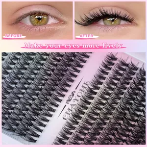 Detail of cluster eyelash set with before and after effect on eyes for makeup extension