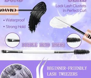 Detail of DIY lash extension kit with cluster lashes, bond and seal, and tweezer tool