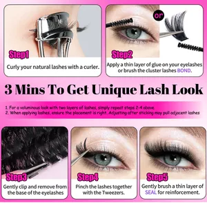 Five-step visual guide for applying DIY individual lash clusters with tools in 3 minutes