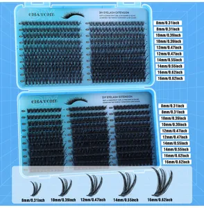 Detail view of DIY individual lash clusters showing 8mm to 16mm lengths and 30D to 100D density