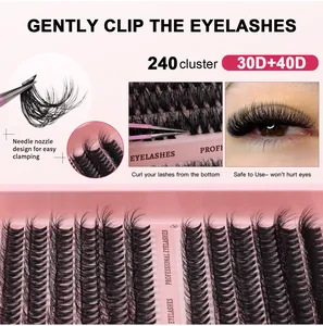 Macro detail of 240 clusters DIY individual eyelashes with 30D and 40D mixed length