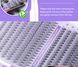 Detailed close-up of 10mm DIY lash clusters on purple tray with tweezers demonstration