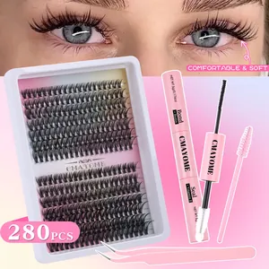 Eyelash extension kit with 280 clusters, 9-16mm lengths, bond and seal, and pink tweezers