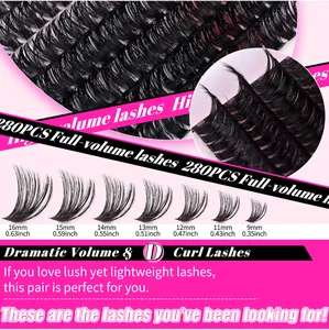 Detail view of 280pcs D-curl cluster lashes in 9-16mm lengths for dramatic volume looks