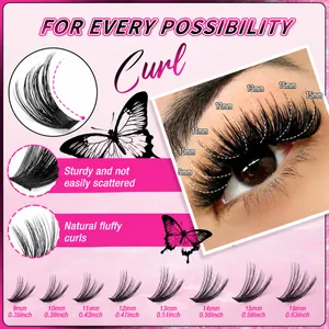 DIY cluster lashes set with D curl, showing 9-16mm lengths and natural voluminous effect