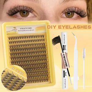DIY cluster eyelash kit with D-curl lashes, dual bond and seal glue, and tweezers