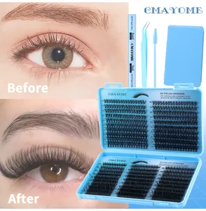 DIY cluster eyelash extension kit with 30D/40D lashes, bond and seal, plus blue tweezers