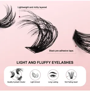 Close-up of black pre-bonded eyelash clusters with fluffy multilayer fiber texture
