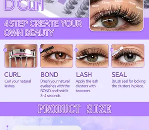 Step-by-step DIY lash extension guide with D curl lashes, tweezers, bond and seal tools