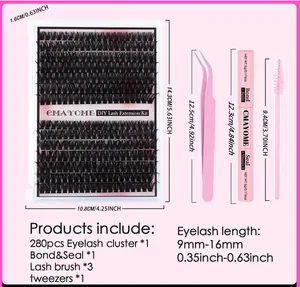 DIY eyelash extension kit with 280 clusters, bond and seal glue, tweezers, and brush