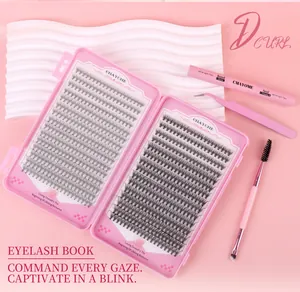 Detailed lash kit view with D curl clusters, bond, sealer, tweezers, and brush