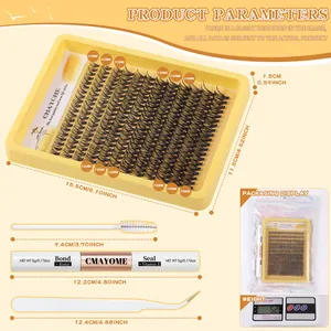 Detailed DIY eyelash extension kit dimensions with lashes, bond, seal, and tweezers