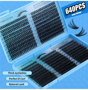 Macro detail of 640PCS DIY individual eyelash clusters showing thick D curl volume