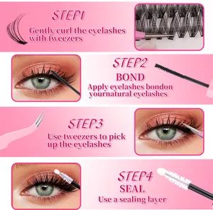 Step-by-step DIY eyelash extension kit guide with bond, seal, and pink tweezers