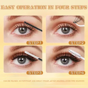 Four-step tutorial showing how to apply DIY individual lash extensions with tools