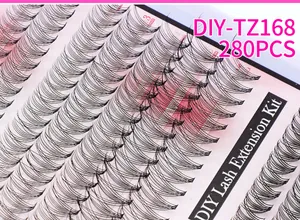 Detailed close-up of 280pcs black DIY lash clusters in 8mm length with D-curl