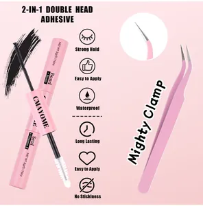 Close-up of dual-ended eyelash glue with Biotin and Vitamin E plus pink tweezers
