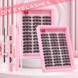 DIY cluster wimperverlenging set met 12 rijen wimpers, lijm, sealer en roze pincet