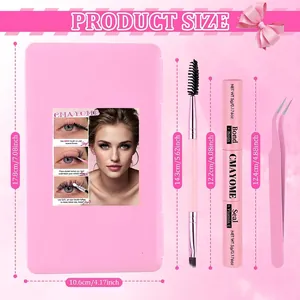 Eyelash extension kit with lashes, glue, tweezers and brush measurements in pink style