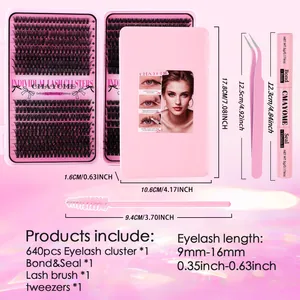 DIY eyelash extension kit with 640 clusters 9-16mm plus glue, tweezers and brush