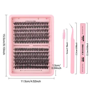 DIY cluster eyelash extension kit with 240 lash clusters, pink tweezers and bond seal tools