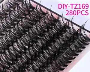 Close-up of 280pcs individual lash clusters showing mixed lengths from 10mm to 16mm