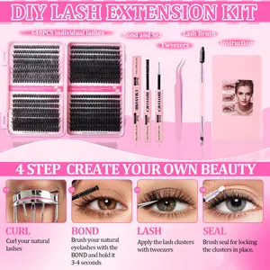 DIY eyelash extension kit with 640 clusters, bond, seal, applicator and brush in pink box