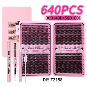 640pcs DIY cluster lash extension kit with 9-16mm mixed lashes, bond, seal, and tweezers