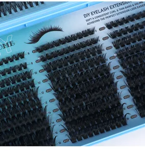 Detail view of 80D and 100D DIY eyelash extension clusters in 8mm to 16mm sizes