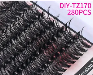 Macro shot of 280 clusters DIY eyelash extensions with D-curl and fine fiber texture