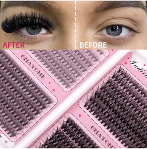 Detail of 484 clusters individual eyelash extensions showing before and after effect