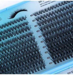Detailed macro view of 40D DIY cluster eyelashes in lengths from 8mm to 16mm