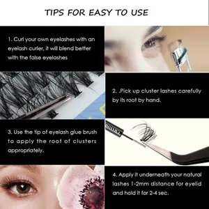DIY eyelash cluster set with 280 pieces showing 4-step application guide and tools