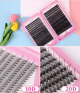 Macro detail of 10D and 20D cluster lashes set in a professional pink flip-top case